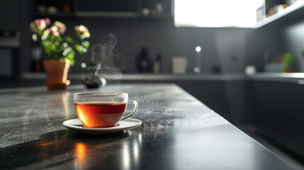 A cup of hot tea on the table in the kitchen at home - obrazy, fototapety, plakaty