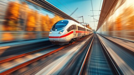 Fototapeta na wymiar A high-speed train zooming through a scenic countryside, modern design, motion blur, representing speed and modern transportation. Resplendent.