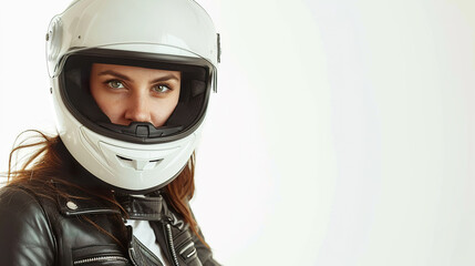 Female motorcycle rider posing with a white helmet