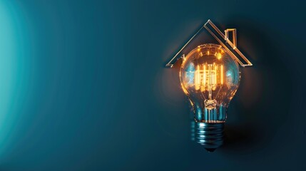 Our image features a light bulb with a filament forming a house icon on a blue background-conveying the idea of creative home solutions and innovation in the housing sector - obrazy, fototapety, plakaty