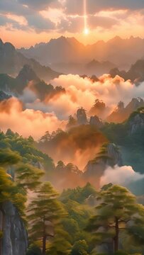 sharp jagged yellow mountains of Huangshan China covered in fog and clouds,generative ai