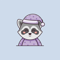 Cute little raccoon in pajama and night cap in cartoon style. Vector flat illustration