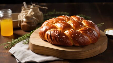Sweet braided bread with sesame seeds and honey on a dark wooden background, generative ai