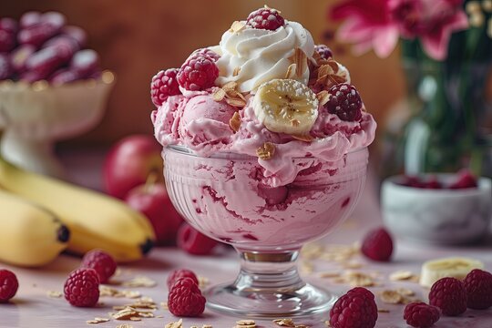 Copa helado de fresa, frambuesas, banana, fresas y nata batida, sobre encimera de m&aacute;rmol, fondo cocina, frontal postre exquisito, antojo embarazada, provocativo, audaz