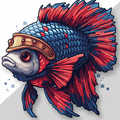 Colorful vector pixel art illustration of a meme fish-warrior  in a helmet.