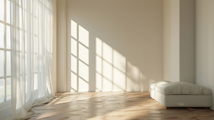 Fototapeta na wymiar Minimalist Interior with Sunlight and Sheer Curtains