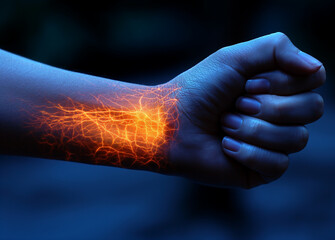 Hand with pain in elbow, close-up. Health care concept - obrazy, fototapety, plakaty