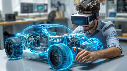 Futuristic design: Man wearing VR glasses customizes car details in virtual vehicle construction