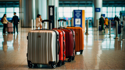 Luggage suitcases at the airport - obrazy, fototapety, plakaty