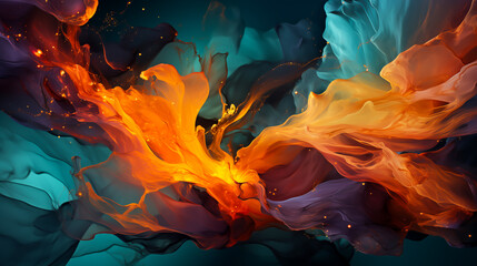 Striking explosion of vivid colors in motion, resembling a dynamic, abstract floral form. - obrazy, fototapety, plakaty