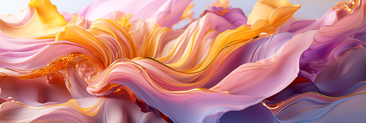 Abstract painting featuring a mix of pink, purple, and gold hues, creating a vibrant and dynamic visual experience.