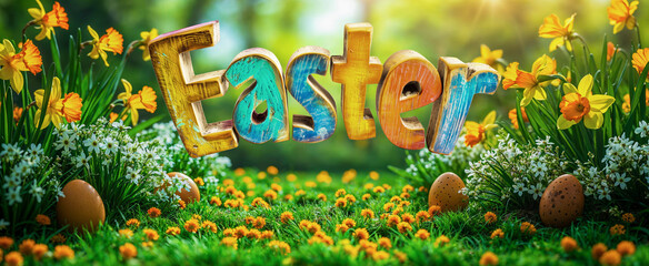 web banner with the word "easter" in wooden letters above a natural decor and easter eggs