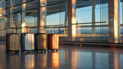 Awaiting Departure: Luggage at Airport Terminal, set of four suitcases, family travelling, interior of an airport