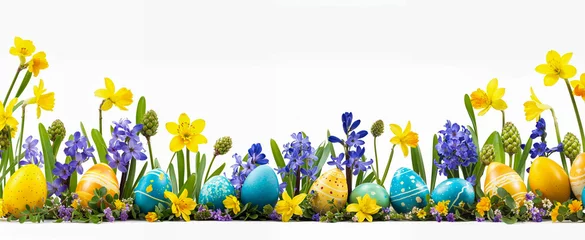 Foto op Canvas frise de bas de page sur le thème de Pâques avec fleurs de printemps et espace vide sur fond blanc pour texte. © Fox_Dsign