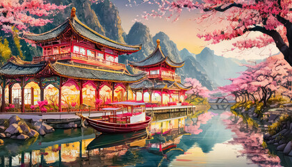 Chinese temple landscape with forest and mountains in the background, anime style. - obrazy, fototapety, plakaty