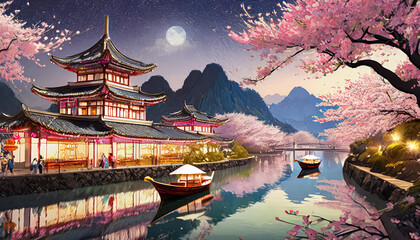 Chinese temple landscape with forest and mountains in the background, anime style.