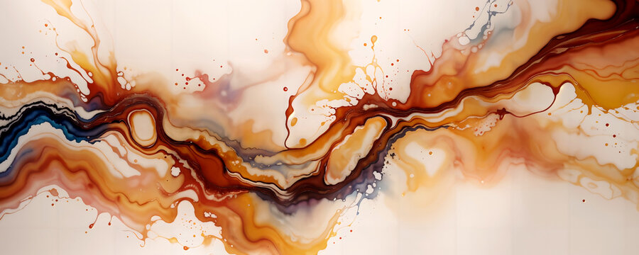 Colorful marble coffee art ink splatters on white background banner