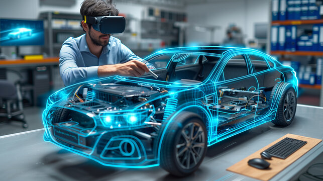 Virtual car assembly: Man in VR glasses constructs cars, selecting components for customization