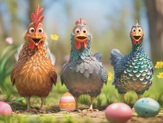 Fototapeta premium Cheerful cartoon hens next to Easter eggs
