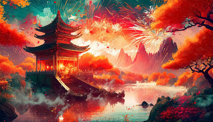 Obraz na płótnie Canvas Fantasy background with mysterious ancient Chinese temple in mountains.