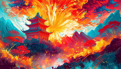 Fototapeta na wymiar Fantasy background with mysterious ancient Chinese temple in mountains.