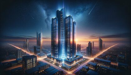 Fototapeta na wymiar Futuristic high-rise building with smart glass and holographic signage.