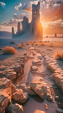 cracked lines of sand and clay leading into jagged desert rock spires of Saudi Arabia tabuk region,generative ai