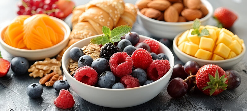 A vibrant, healthy breakfast spread of fresh fruits, nuts, and pastries, perfect for an energizing morning.