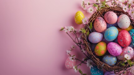 Fototapeta na wymiar Easter decoration colorful eggs in basket on pink background with copy space. Beautiful colorful easter eggs. Happy Easter. Isolated.