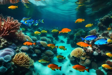 Naklejka na ściany i meble a picture of a vibrant coral reef teeming with colorful fish and marine life,