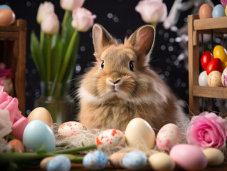 Closeup of fluffy white bunny with pink nose and ears surrounded by colorful Easter decorations.
