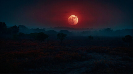 Obraz premium Mysterious Foggy Landscape under Blood Moon