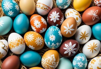 Fototapeta na wymiar Colorful Easter Eggs Nestled in Straw for Springtime Celebration
