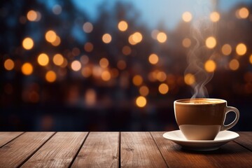 Cup of delicious coffee on a wooden table with copy space and bokeh lights. Mocha Mousse, color of year 2025
