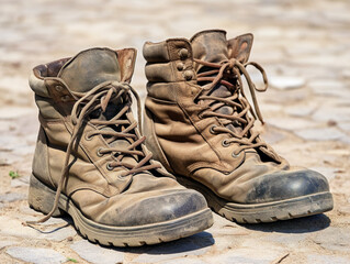 Close-up of a soldier's rugged combat boot, showing wear and tear from battle experience.