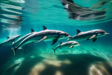 Fototapeta premium underwater scene depicting a pod of dolphins