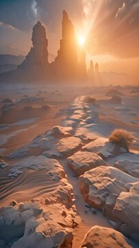 cracked lines of sand and clay leading into jagged desert rock spires of Saudi Arabia tabuk region,generative ai