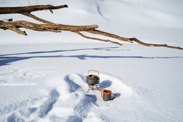 Pot and cup left on snowy slope by tree branch in freezing winter landscape