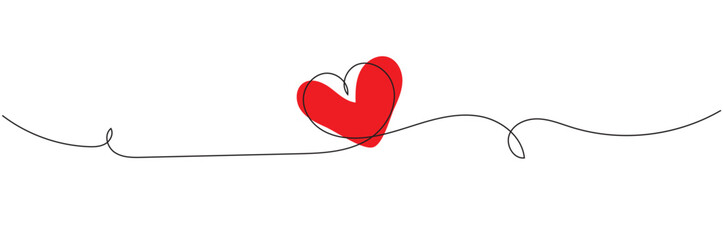 One continuous drawing of heart and color shape love sign. Thin contour and romantic symbol for greeting card and web banner. Doodle outline no background illustration