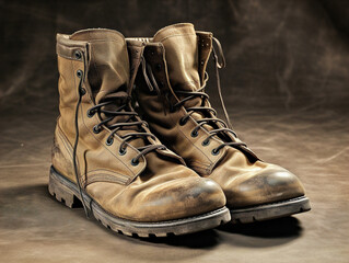 Close-up of a soldier's battle-worn and weathered combat boots, showing signs of wear and tear.