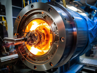 Closeup of a space thruster being tested in a controlled environment for propulsion research.