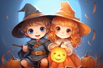 a cartoon of a boy and girl in clothing holding a pumpkin