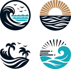 Fototapeta na wymiar set of sea wave sunset logo icon silhouette symbols clipart, sunset logo concept