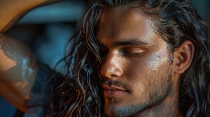 A close-up portrait of a young man with stylish long hair, queer man