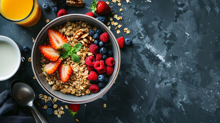 bowl of muesli berries and fruit nuts - obrazy, fototapety, plakaty