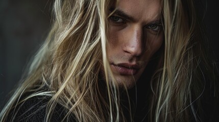 A close-up portrait of a young man with stylish long hair, queer man