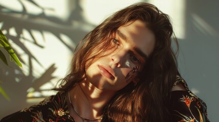 A close-up portrait of a young man with stylish long hair, queer man