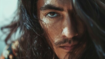 A close-up portrait of a young man with stylish long hair, queer man