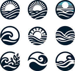 set of sea wave sunset logo icon silhouette symbols clipart, sunset logo concept