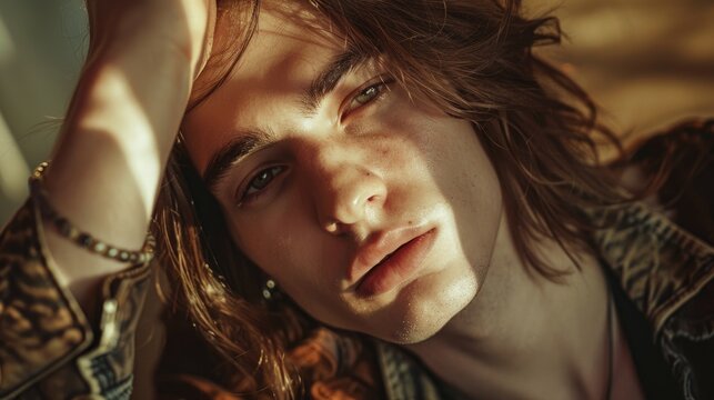 A close-up portrait of a young man with stylish long hair, queer man